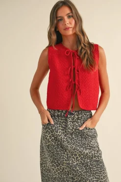 Allison Sleeveless Front Tie Sweater Top Red
