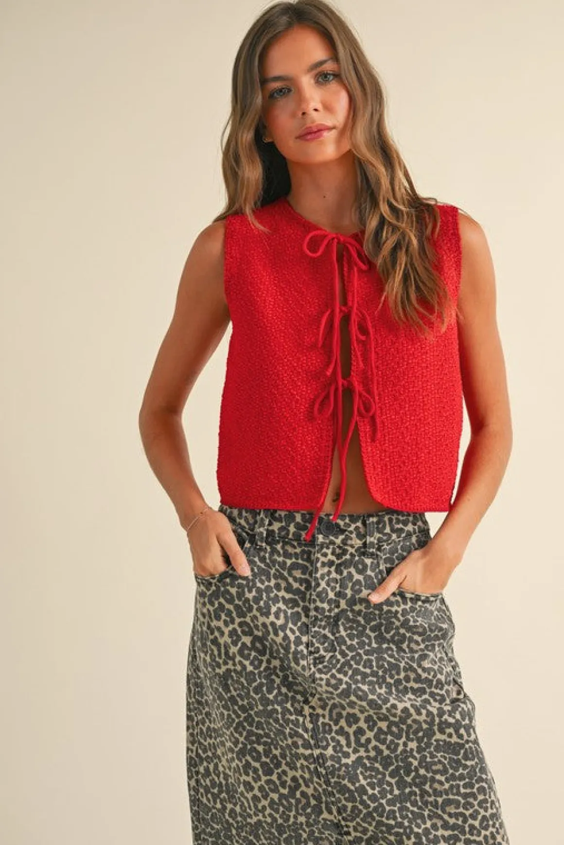 Allison Sleeveless Front Tie Sweater Top Red