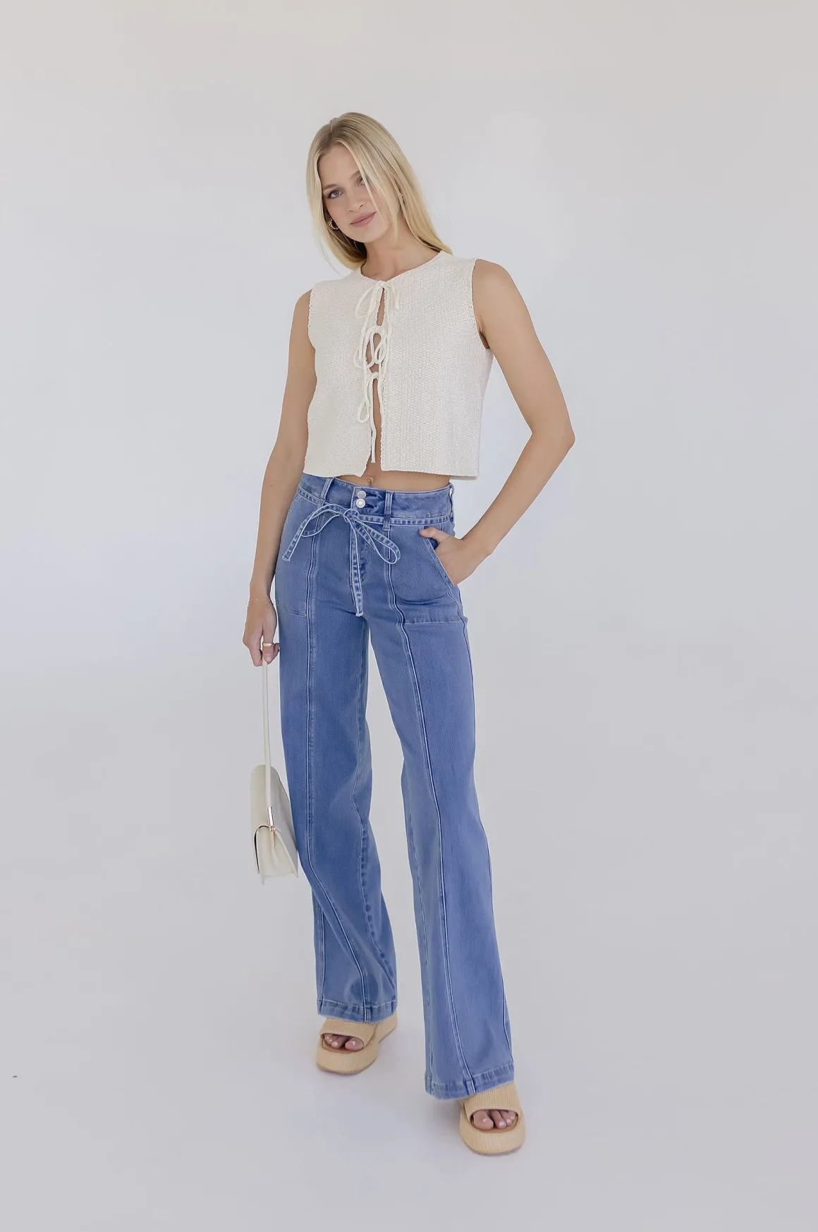 Allison Sleeveless Front Tie Sweater Top Cream