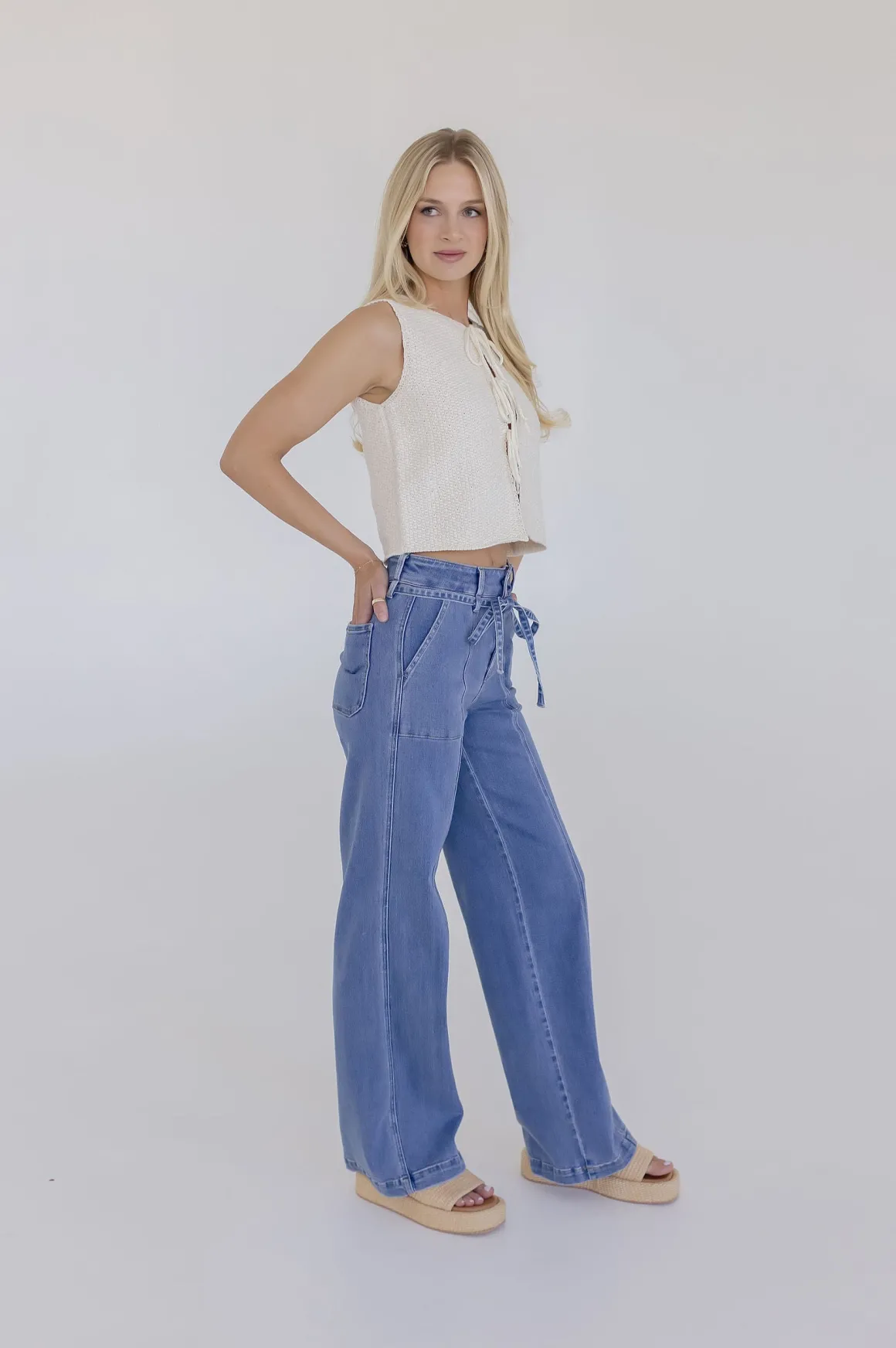 Allison Sleeveless Front Tie Sweater Top Cream