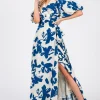 Ally Short Bubble Sleeve Abstract Print Wrap Maxi Dress Blue