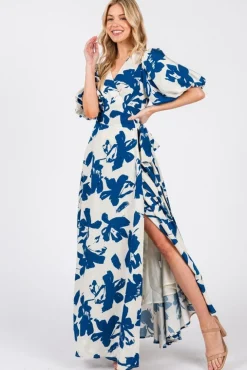 Ally Short Bubble Sleeve Abstract Print Wrap Maxi Dress Blue