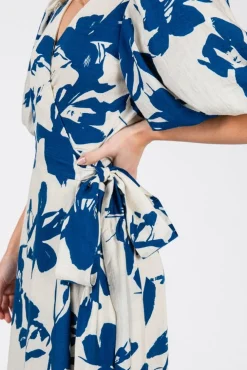 Ally Short Bubble Sleeve Abstract Print Wrap Maxi Dress Blue