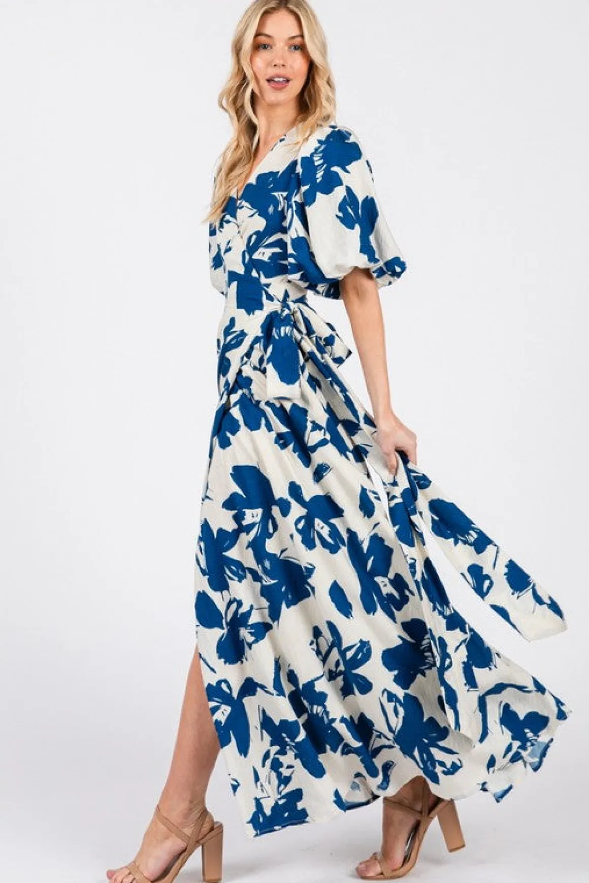 Ally Short Bubble Sleeve Abstract Print Wrap Maxi Dress Blue