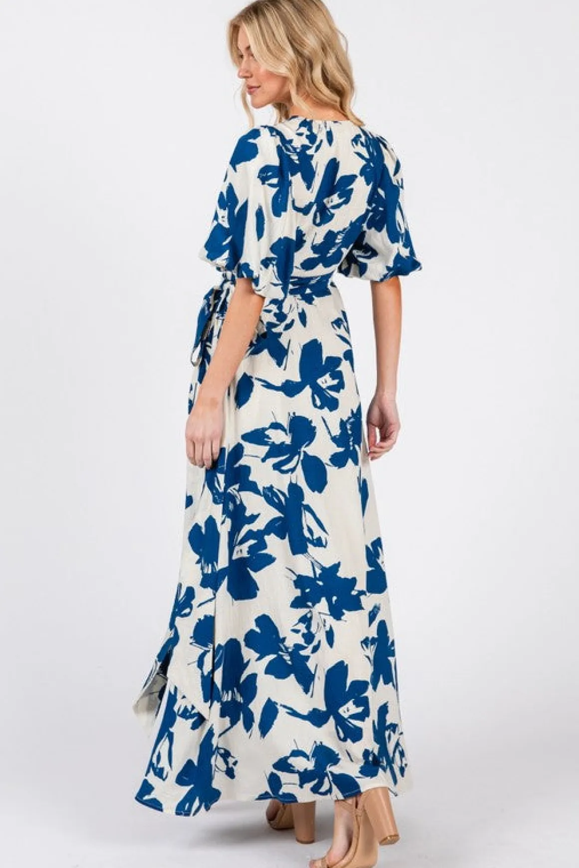 Ally Short Bubble Sleeve Abstract Print Wrap Maxi Dress Blue