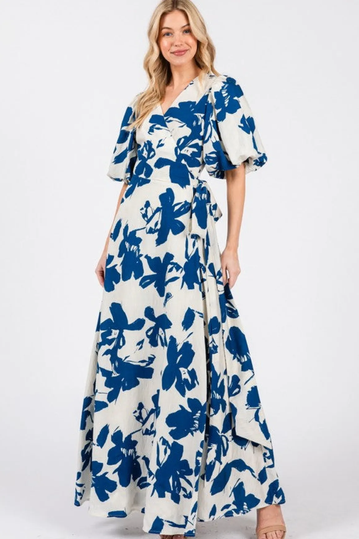 Ally Short Bubble Sleeve Abstract Print Wrap Maxi Dress Blue