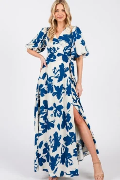 Ally Short Bubble Sleeve Abstract Print Wrap Maxi Dress Blue