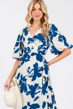 Ally Short Bubble Sleeve Abstract Print Wrap Maxi Dress Blue