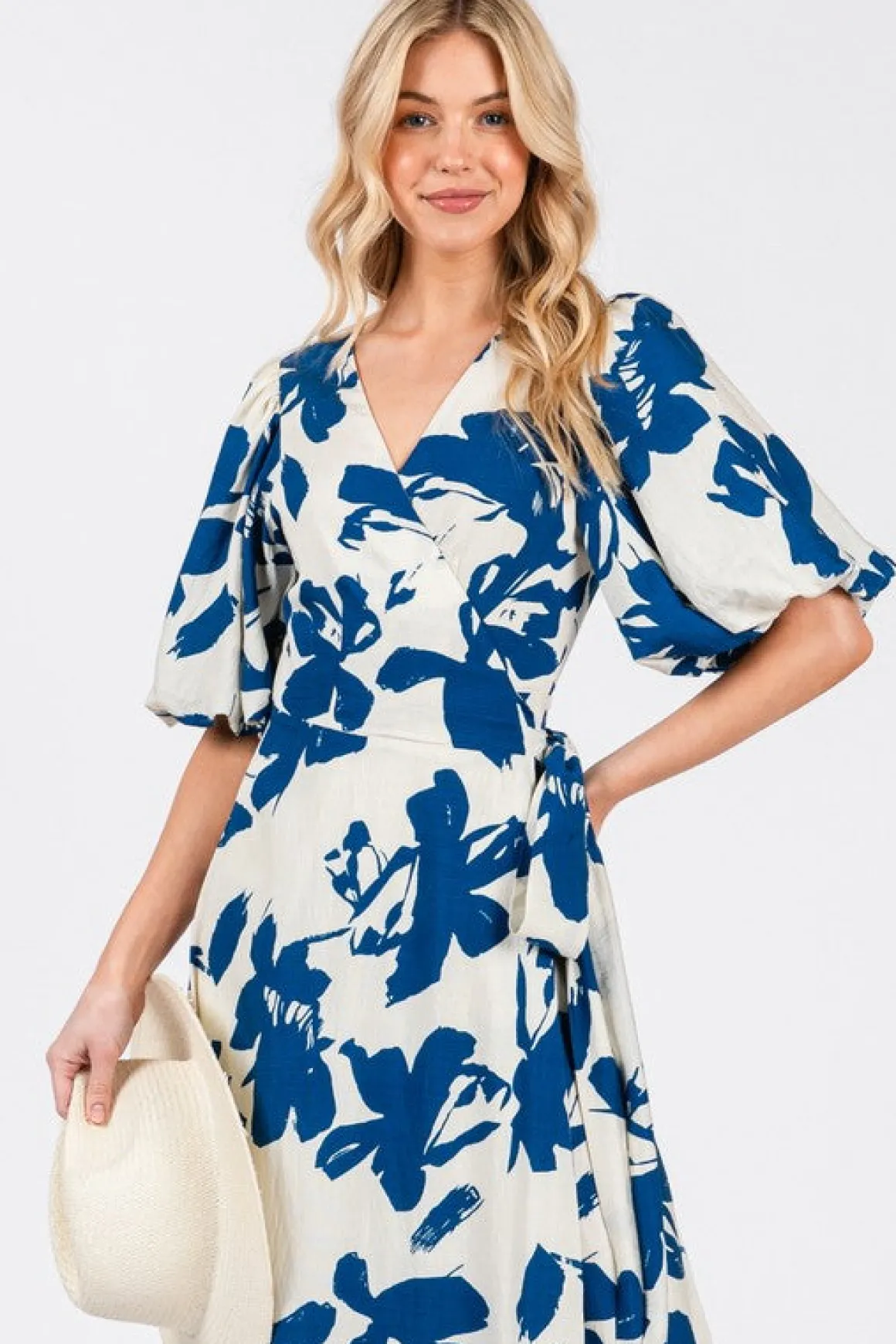 Ally Short Bubble Sleeve Abstract Print Wrap Maxi Dress Blue