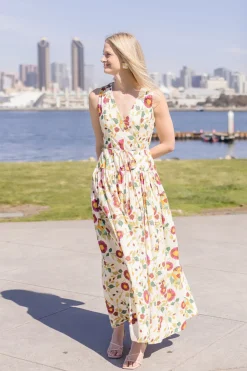 Alma Sleeveless Waist Tie Floral Print Maxi Dress Ivory