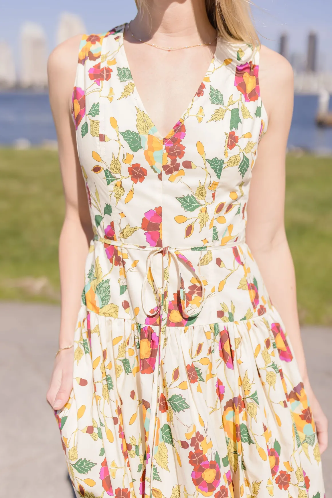 Alma Sleeveless Waist Tie Floral Print Maxi Dress Ivory