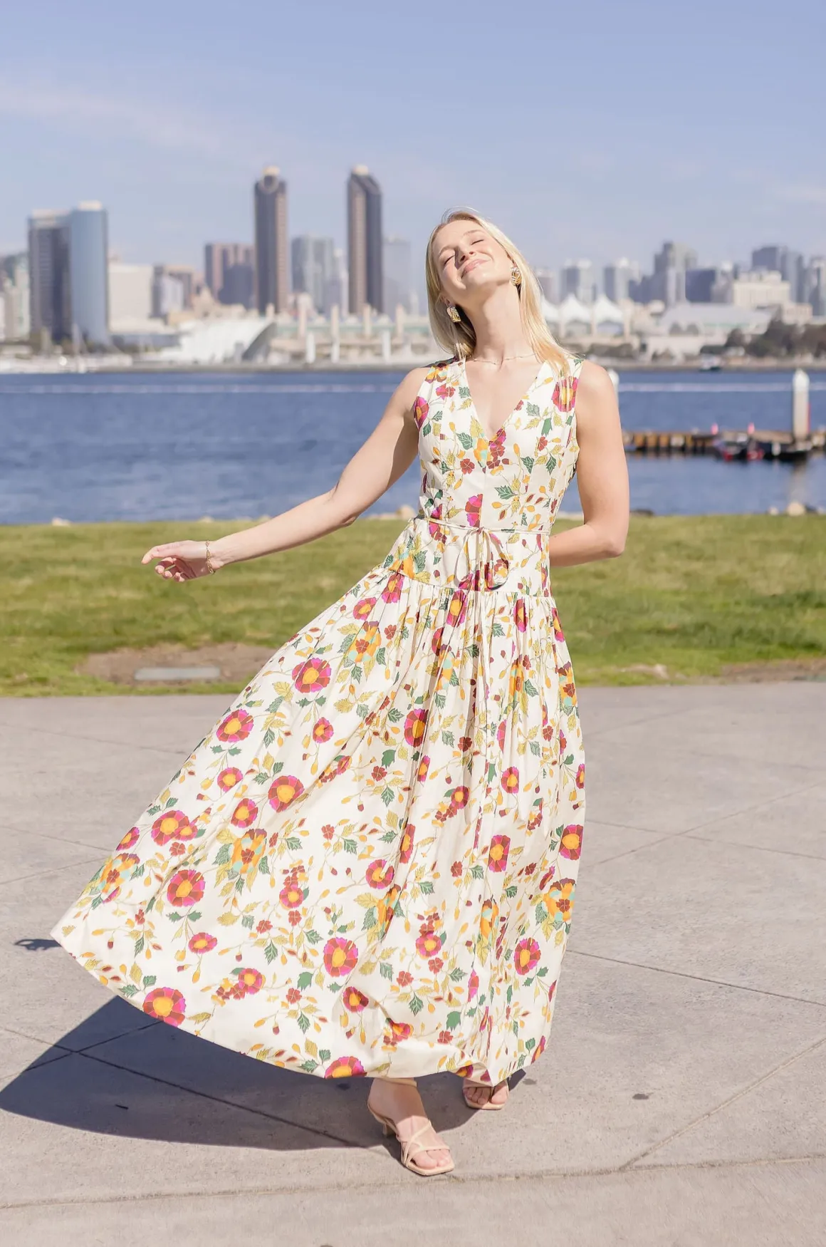 Alma Sleeveless Waist Tie Floral Print Maxi Dress Ivory
