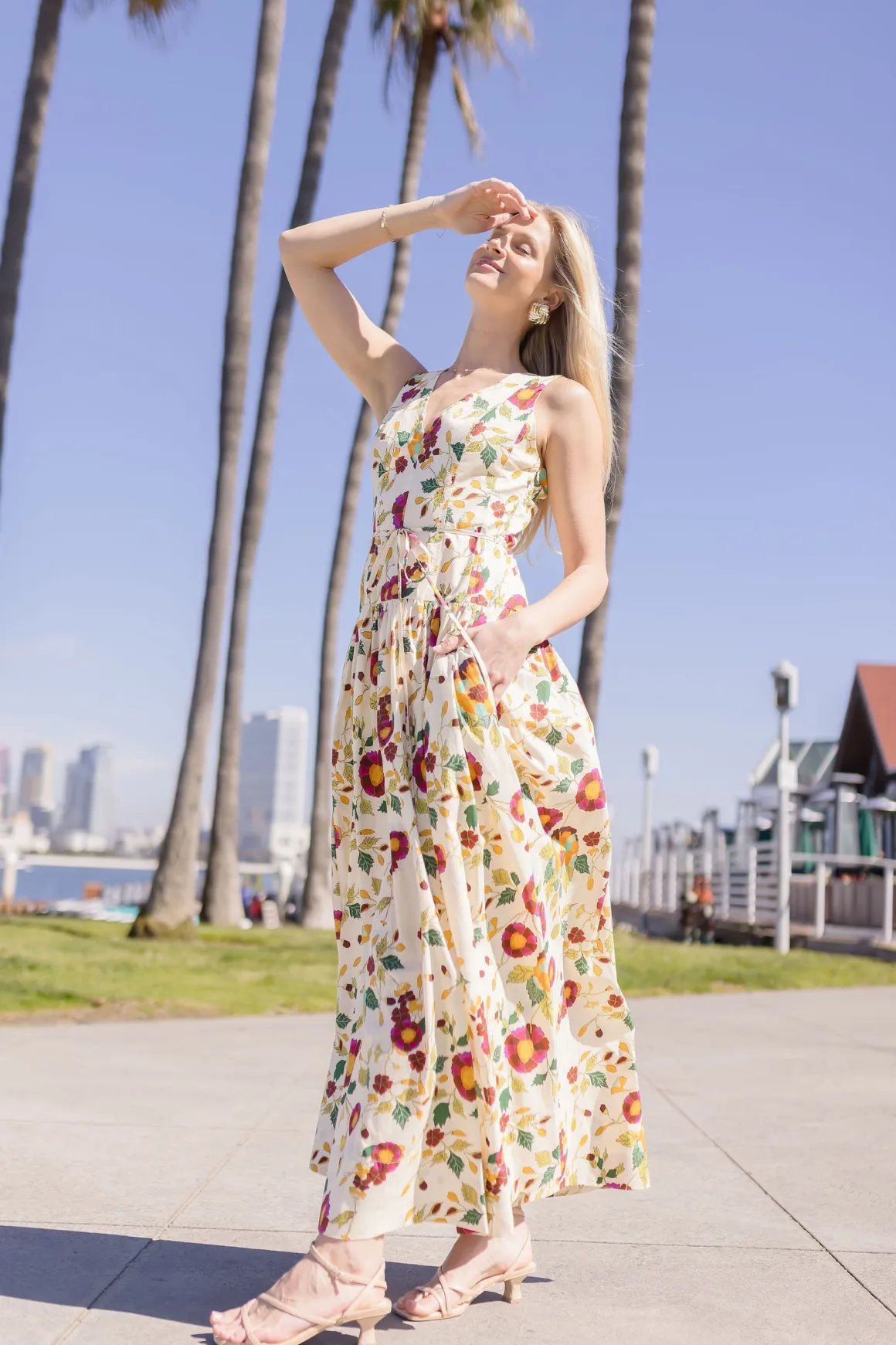 Alma Sleeveless Waist Tie Floral Print Maxi Dress Ivory