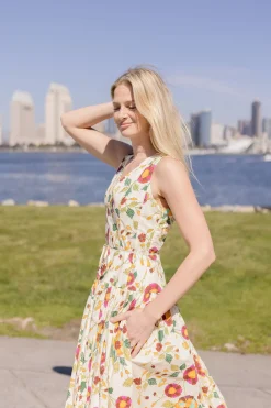 Alma Sleeveless Waist Tie Floral Print Maxi Dress Ivory