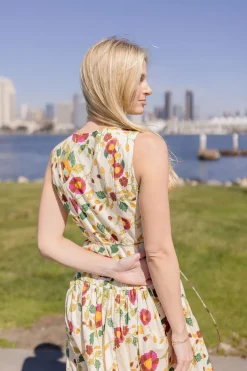 Alma Sleeveless Waist Tie Floral Print Maxi Dress Ivory