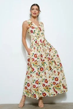 Alma Sleeveless Waist Tie Floral Print Maxi Dress Ivory