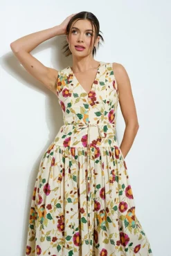 Alma Sleeveless Waist Tie Floral Print Maxi Dress Ivory