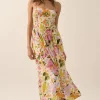 Alyce Sleeveless Floral Print Smocked Halter Midi Dress Cream