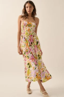 Alyce Sleeveless Floral Print Smocked Halter Midi Dress Cream
