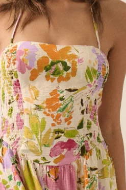 Alyce Sleeveless Floral Print Smocked Halter Midi Dress Cream