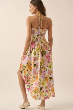 Alyce Sleeveless Floral Print Smocked Halter Midi Dress Cream