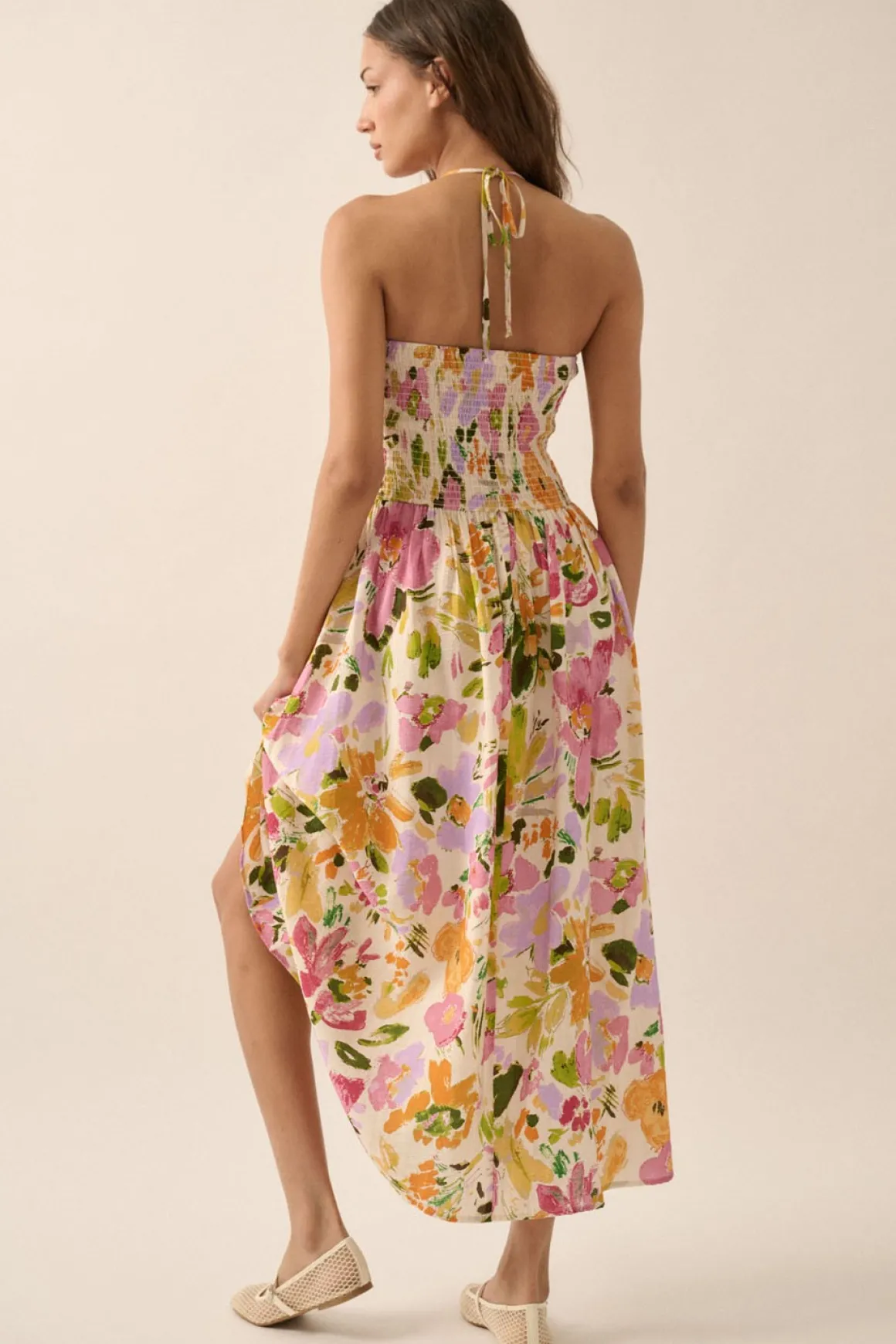 Alyce Sleeveless Floral Print Smocked Halter Midi Dress Cream