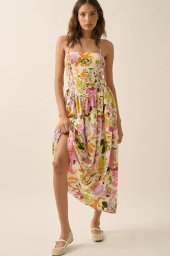 Alyce Sleeveless Floral Print Smocked Halter Midi Dress Cream