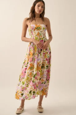 Alyce Sleeveless Floral Print Smocked Halter Midi Dress Cream