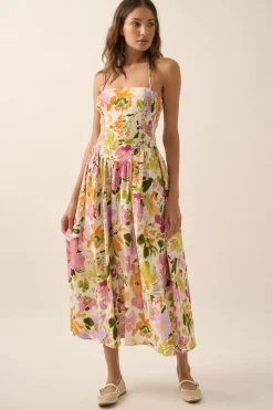 Alyce Sleeveless Floral Print Smocked Halter Midi Dress Cream