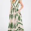 Alyssa Sleeveless Damask Print Waist Tie Maxi Dress Green