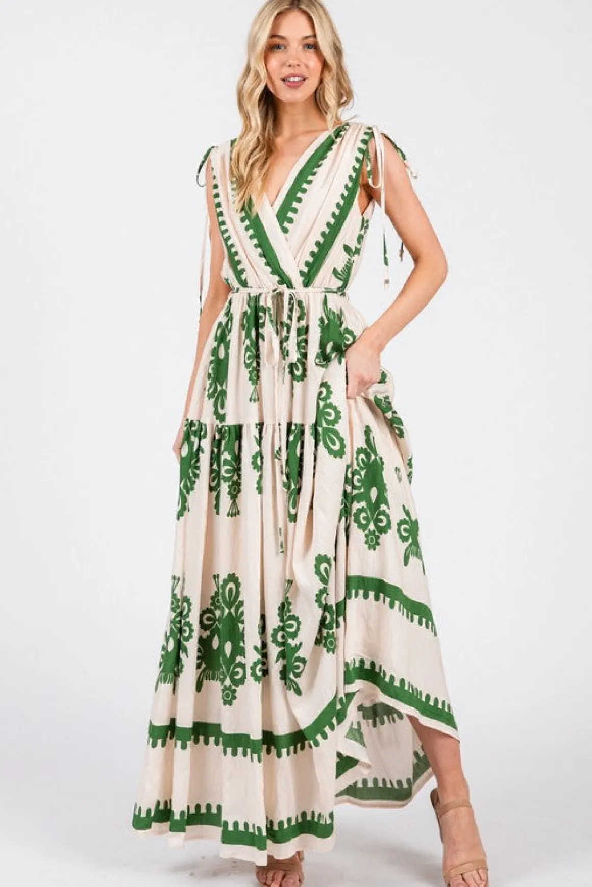 Alyssa Sleeveless Damask Print Waist Tie Maxi Dress Green