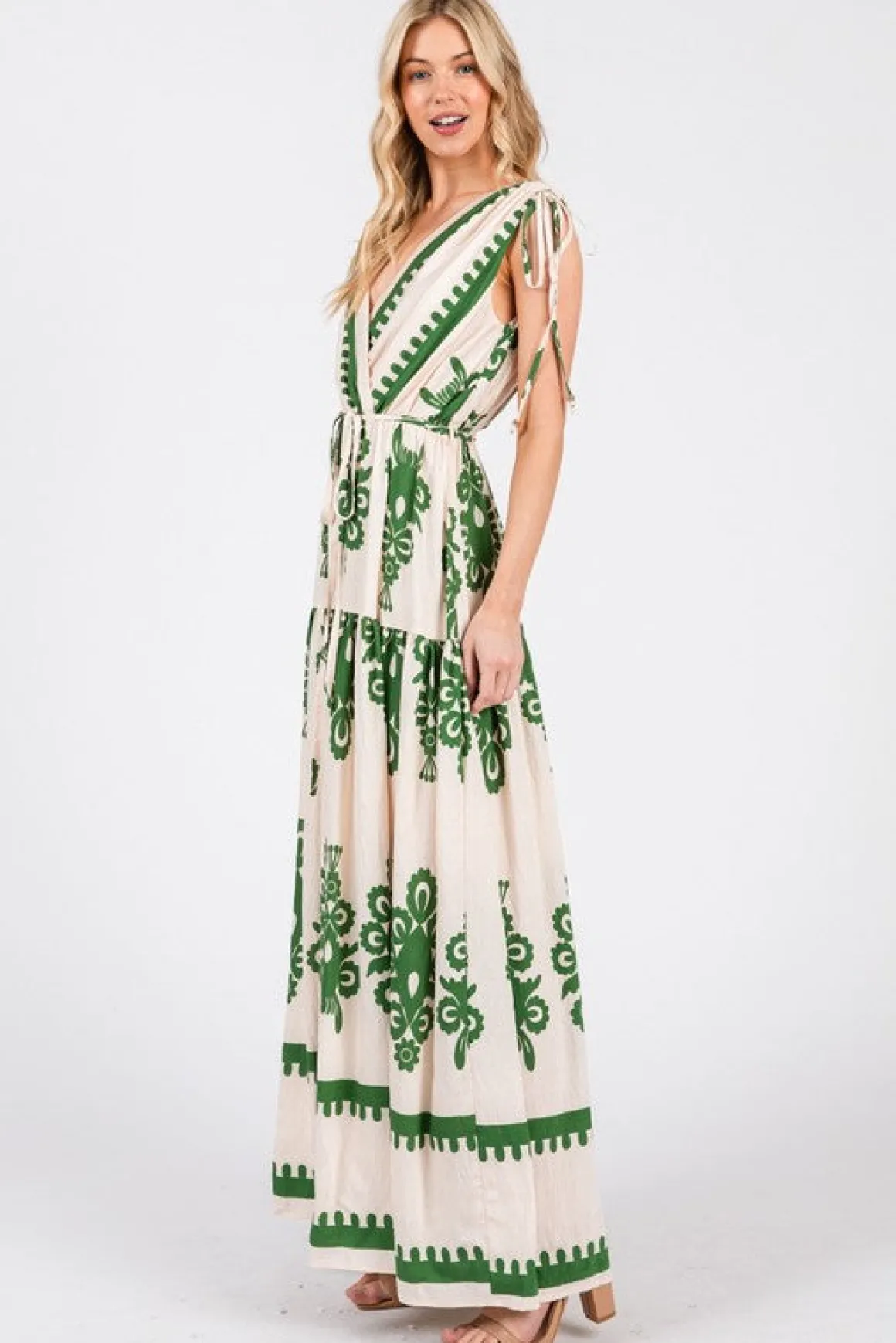 Alyssa Sleeveless Damask Print Waist Tie Maxi Dress Green