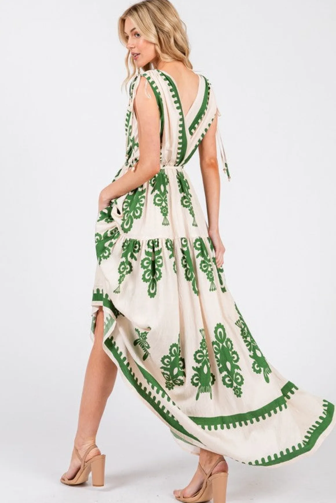 Alyssa Sleeveless Damask Print Waist Tie Maxi Dress Green