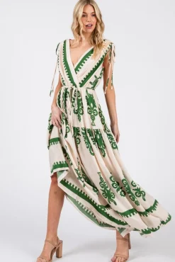 Alyssa Sleeveless Damask Print Waist Tie Maxi Dress Green