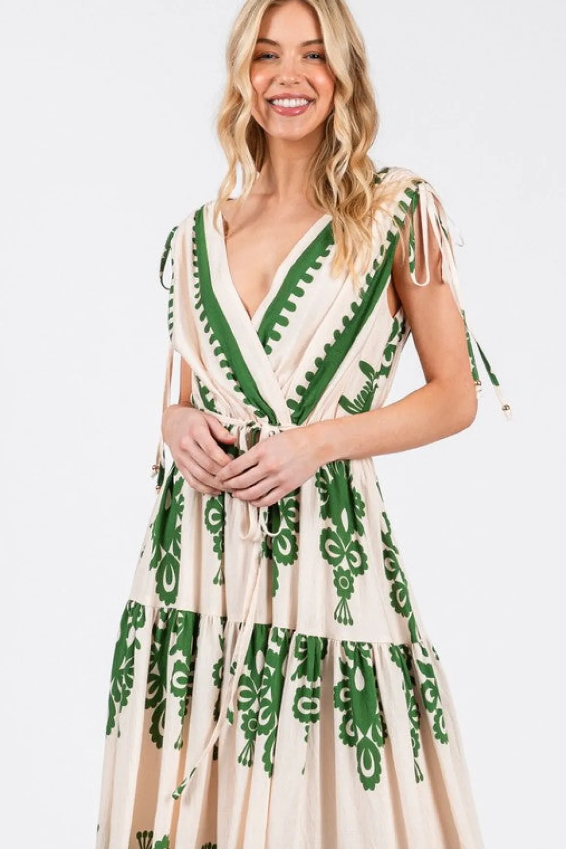 Alyssa Sleeveless Damask Print Waist Tie Maxi Dress Green
