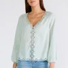 Amanda Long Sleeve Button Down Scallop Edge Top Mint