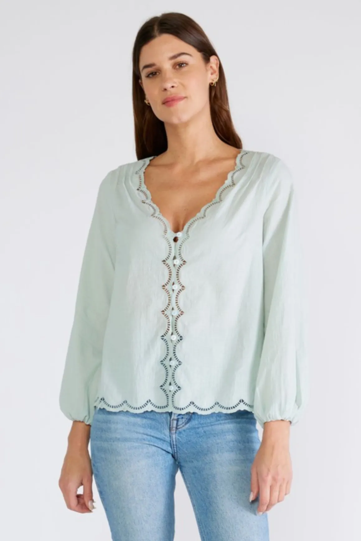 Amanda Long Sleeve Button Down Scallop Edge Top Mint