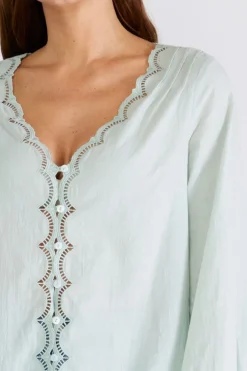 Amanda Long Sleeve Button Down Scallop Edge Top Mint