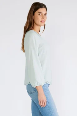 Amanda Long Sleeve Button Down Scallop Edge Top Mint