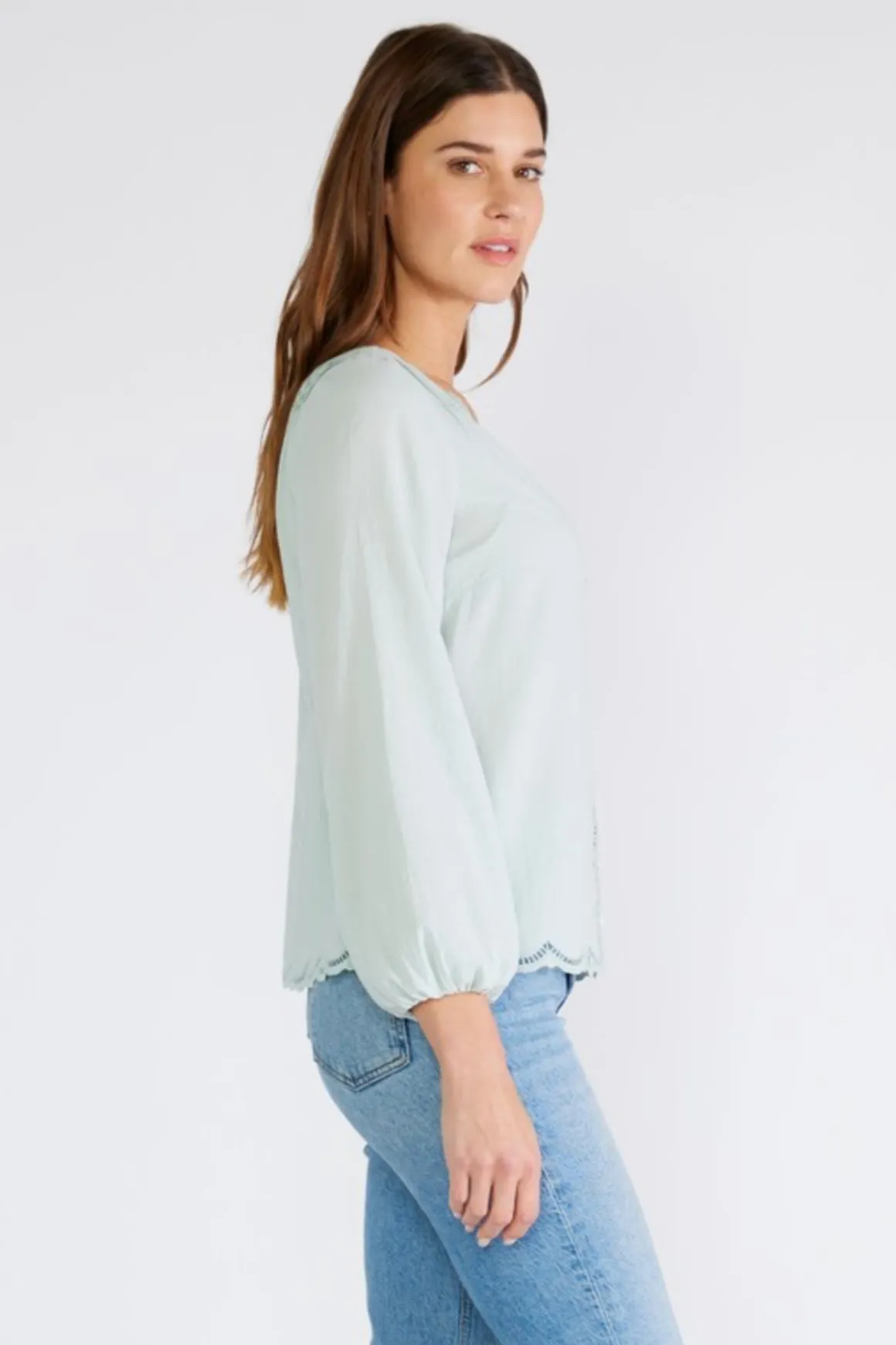 Amanda Long Sleeve Button Down Scallop Edge Top Mint