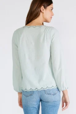 Amanda Long Sleeve Button Down Scallop Edge Top Mint