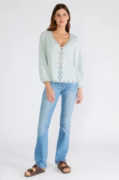 Amanda Long Sleeve Button Down Scallop Edge Top Mint