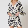 Amara Kimono Sleeve Waist Tie Printed Romper Ivory