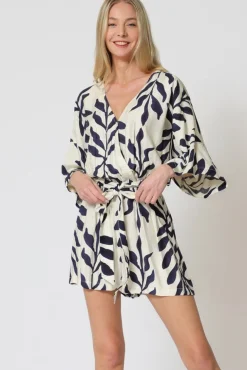 Amara Kimono Sleeve Waist Tie Printed Romper Ivory