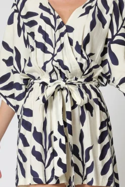 Amara Kimono Sleeve Waist Tie Printed Romper Ivory