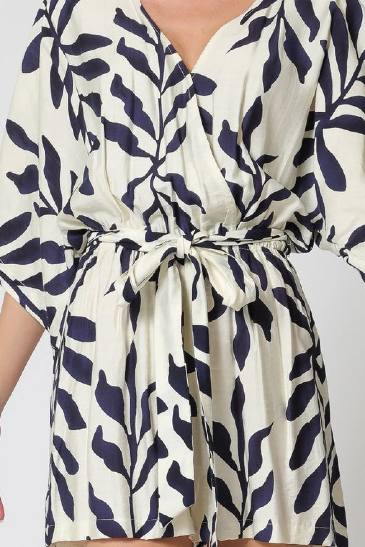 Amara Kimono Sleeve Waist Tie Printed Romper Ivory