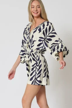 Amara Kimono Sleeve Waist Tie Printed Romper Ivory