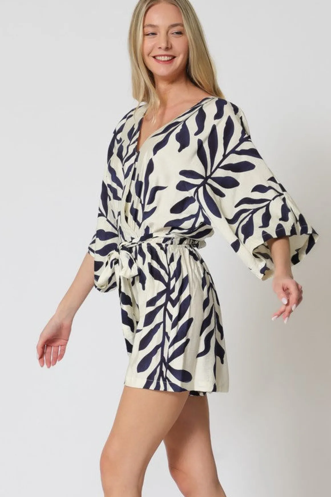 Amara Kimono Sleeve Waist Tie Printed Romper Ivory