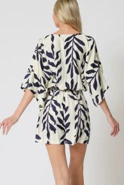 Amara Kimono Sleeve Waist Tie Printed Romper Ivory