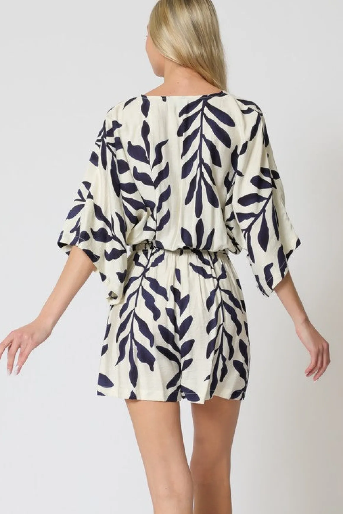Amara Kimono Sleeve Waist Tie Printed Romper Ivory